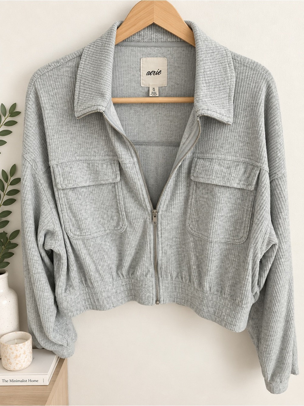 aerie Light Gray Ribbed Zip-Front Cropped Cardigan Jacket